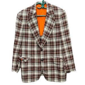 Vintage 1970s Style Manor Pure Wool Houndstooth Brown Orange Jacket Size Large